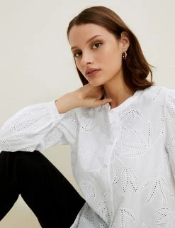 Coupon 🧨 Autograph 👚 Shirts & Blouses Pure Cotton Broderie Collarless Blouse ❤️ -New In Womens Sales 2022 SD 01 T50 2033T P6 X EC 3