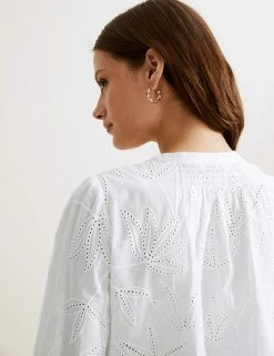 Coupon 🧨 Autograph 👚 Shirts & Blouses Pure Cotton Broderie Collarless Blouse ❤️ -New In Womens Sales 2022 SD 01 T50 2033T P6 X EC 4