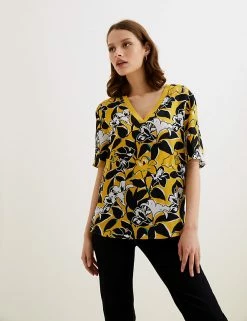 Discount 🛒 Autograph 👕 Shirts & Blouses Floral V-Neck Short Sleeve Popover Blouse 👍