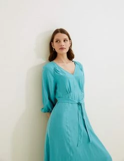 Cheap ✨ Autograph 👗 Dresses Cupro Rich V-Neck Belted Midi Waisted 👗 Dress 🤩 -New In Womens Sales 2022 SD 01 T50 3002T JC X EC 4