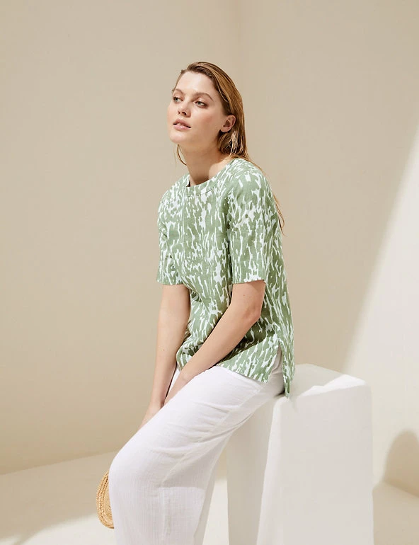 New 𧨠M&S Collection Tops Pure Linen Printed Short Sleeve Top π 1 New 𧨠M&S Collection Tops Pure Linen Printed Short Sleeve Top π