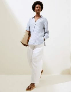 Outlet 🌟 M&S Collection 👚 Shirts & Blouses Pure Linen Striped Long Sleeve Blouse 🔔 -New In Womens Sales 2022 SD 01 T52 3920 DI X EC 0