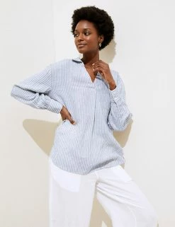 Outlet 🌟 M&S Collection 👚 Shirts & Blouses Pure Linen Striped Long Sleeve Blouse 🔔 -New In Womens Sales 2022 SD 01 T52 3920 DI X EC 1