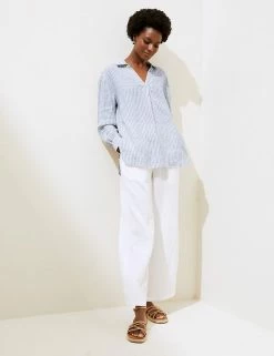 Outlet 🌟 M&S Collection 👚 Shirts & Blouses Pure Linen Striped Long Sleeve Blouse 🔔 -New In Womens Sales 2022 SD 01 T52 3920 DI X EC 2