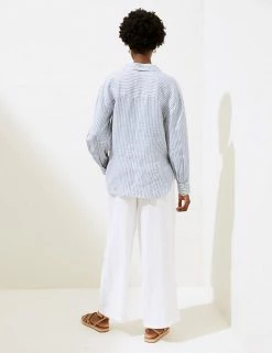 Outlet 🌟 M&S Collection 👚 Shirts & Blouses Pure Linen Striped Long Sleeve Blouse 🔔 -New In Womens Sales 2022 SD 01 T52 3920 DI X EC 3