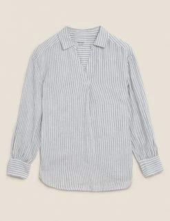 Outlet 🌟 M&S Collection 👚 Shirts & Blouses Pure Linen Striped Long Sleeve Blouse 🔔 -New In Womens Sales 2022 SD 01 T52 3920 DI X EC 90