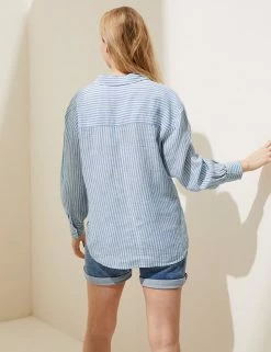 Outlet 🌟 M&S Collection 👚 Shirts & Blouses Pure Linen Striped Long Sleeve Blouse 🔔 -New In Womens Sales 2022 SD 01 T52 3920 IL X EC 2