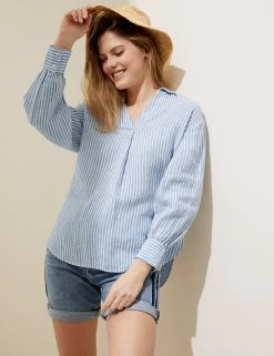 Outlet 🌟 M&S Collection 👚 Shirts & Blouses Pure Linen Striped Long Sleeve Blouse 🔔 -New In Womens Sales 2022 SD 01 T52 3920 IL X EC 3