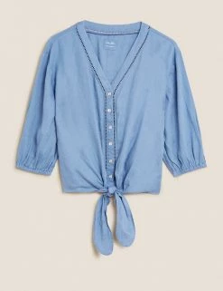 Outlet 🛒 M&S Collection 👕 Shirts & Blouses Pure Linen Tie Front 3/4 Sleeve Blouse 🎉