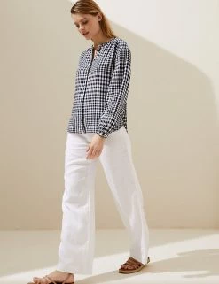 Outlet 🎁 M&S Collection 👚 Shirts & Blouses Linen Blend Checked Long Sleeve Blouse ⌛ -New In Womens Sales 2022 SD 01 T52 3925 F4 X EC 1