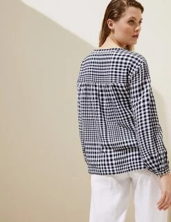 Outlet 🎁 M&S Collection 👚 Shirts & Blouses Linen Blend Checked Long Sleeve Blouse ⌛ -New In Womens Sales 2022 SD 01 T52 3925 F4 X EC 2