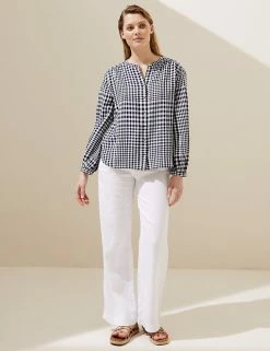 Outlet 🎁 M&S Collection 👚 Shirts & Blouses Linen Blend Checked Long Sleeve Blouse ⌛ -New In Womens Sales 2022 SD 01 T52 3925 F4 X EC 3