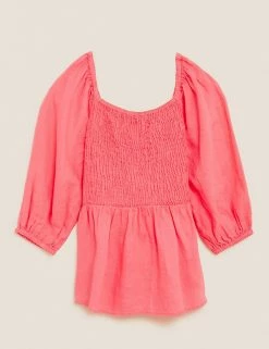 New ❤️ M&S Collection Women Pure Linen Shirred Square Neck Top 🌟 -New In Womens Sales 2022 SD 01 T52 3930 GM X EC 90