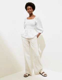 New ❤️ M&S Collection Women Pure Linen Shirred Square Neck Top 🌟