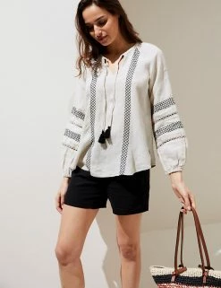Flash Sale ⌛ M&S Collection 👚 Shirts & Blouses Pure Linen Embroidered Tie Neck Blouse 🥰 -New In Womens Sales 2022 SD 01 T52 3932 EK X EC 1