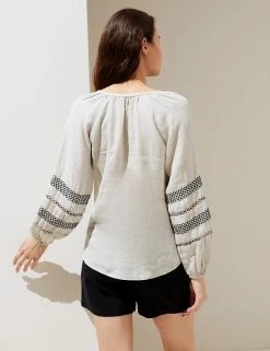 Flash Sale ⌛ M&S Collection 👚 Shirts & Blouses Pure Linen Embroidered Tie Neck Blouse 🥰 -New In Womens Sales 2022 SD 01 T52 3932 EK X EC 3