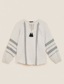 Flash Sale ⌛ M&S Collection 👚 Shirts & Blouses Pure Linen Embroidered Tie Neck Blouse 🥰 -New In Womens Sales 2022 SD 01 T52 3932 EK X EC 90