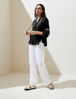 Flash Sale ⌛ M&S Collection 👚 Shirts & Blouses Pure Linen Embroidered Tie Neck Blouse 🥰 -New In Womens Sales 2022 SD 01 T52 3932 Y0 X EC 1