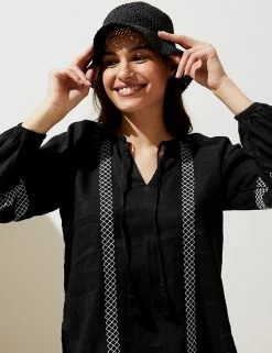 Flash Sale ⌛ M&S Collection 👚 Shirts & Blouses Pure Linen Embroidered Tie Neck Blouse 🥰 -New In Womens Sales 2022 SD 01 T52 3932 Y0 X EC 2