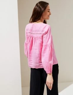 Hot Sale 🌟 M&S Collection 👚 Shirts & Blouses Pure Linen Tie Neck 3/4 Sleeve Blouse 🌟 -New In Womens Sales 2022 SD 01 T52 3933 A0 X EC 3