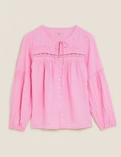 Hot Sale 🌟 M&S Collection 👚 Shirts & Blouses Pure Linen Tie Neck 3/4 Sleeve Blouse 🌟 -New In Womens Sales 2022 SD 01 T52 3933 A0 X EC 90