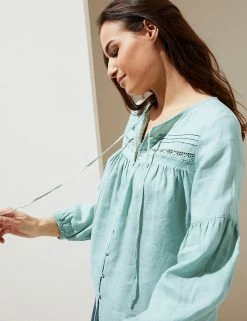 Hot Sale 🌟 M&S Collection 👚 Shirts & Blouses Pure Linen Tie Neck 3/4 Sleeve Blouse 🌟 -New In Womens Sales 2022 SD 01 T52 3933 PA X EC 1