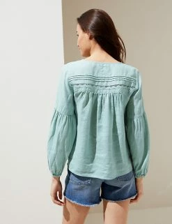 Hot Sale 🌟 M&S Collection 👚 Shirts & Blouses Pure Linen Tie Neck 3/4 Sleeve Blouse 🌟 -New In Womens Sales 2022 SD 01 T52 3933 PA X EC 3