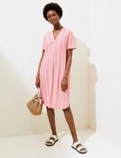 Best deal 🥰 M&S Collection 👗 Dresses Linen Rich Striped V-Neck Shift 👗 Dress ✔️