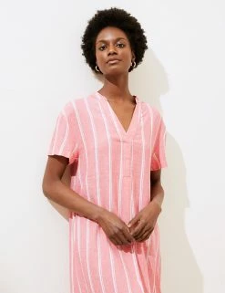 Best deal 🥰 M&S Collection 👗 Dresses Linen Rich Striped V-Neck Shift 👗 Dress ✔️ -New In Womens Sales 2022 SD 01 T52 6102A A4 X EC 1