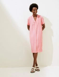 Best deal 🥰 M&S Collection 👗 Dresses Linen Rich Striped V-Neck Shift 👗 Dress ✔️ -New In Womens Sales 2022 SD 01 T52 6102A A4 X EC 2