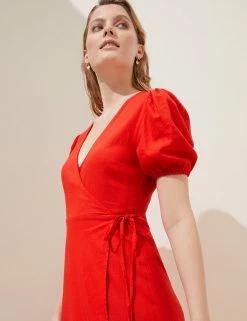 Brand new 🎉 M&S Collection 👗 Dresses Linen Blend V-Neck Mini Wrap 👗 Dress 👏 -New In Womens Sales 2022 SD 01 T52 6103 B0 X EC 2