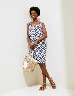 Brand new π M&S Collection π Dresses Linen Blend Printed Scoop Neck Shift π Dress π―