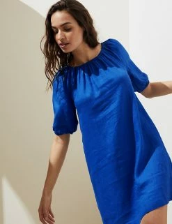 Promo 👏 M&S Collection 👗 Dresses Pure Linen Bardot Short Sleeve Midi 👗 Dress 👍 -New In Womens Sales 2022 SD 01 T52 6724 RA X EC 3