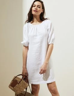 Promo 👏 M&S Collection 👗 Dresses Pure Linen Bardot Short Sleeve Midi 👗 Dress 👍 -New In Womens Sales 2022 SD 01 T52 6724 Z0 X EC 0