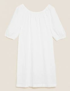 Promo 👏 M&S Collection 👗 Dresses Pure Linen Bardot Short Sleeve Midi 👗 Dress 👍 -New In Womens Sales 2022 SD 01 T52 6724 Z0 X EC 90