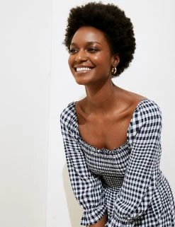 Best reviews of ✨ M&S Collection 👗 Dresses Linen Rich Gingham Square Neck Midi 👗 Dress 💯 -New In Womens Sales 2022 SD 01 T52 6725 F4 X EC 2