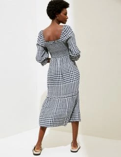 Best reviews of ✨ M&S Collection 👗 Dresses Linen Rich Gingham Square Neck Midi 👗 Dress 💯 -New In Womens Sales 2022 SD 01 T52 6725 F4 X EC 3