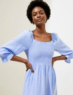 Cheapest 🔔 M&S Collection 👗 Dresses Linen Blend Shirred Midi Smock 👗 Dress ❤️