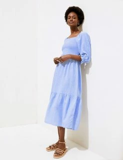 Cheapest 🔔 M&S Collection 👗 Dresses Linen Blend Shirred Midi Smock 👗 Dress ❤️ -New In Womens Sales 2022 SD 01 T52 6726 SA X EC 3