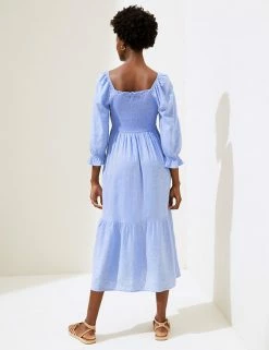 Cheapest 🔔 M&S Collection 👗 Dresses Linen Blend Shirred Midi Smock 👗 Dress ❤️ -New In Womens Sales 2022 SD 01 T52 6726 SA X EC 4