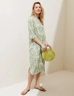 Buy ๐ M&S Collection Tunics Pure Linen Printed V-Neck 3/4 Sleeve Tunic ๐