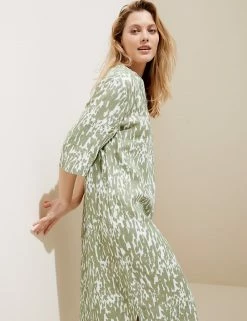 Buy 🛒 M&S Collection Tunics Pure Linen Printed V-Neck 3/4 Sleeve Tunic 🌟 -New In Womens Sales 2022 SD 01 T52 6727 KA X EC 4