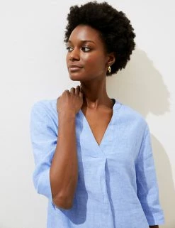 Deals 🤩 M&S Collection Tunics Pure Linen V-Neck 3/4 Sleeve Tunic 🔥 -New In Womens Sales 2022 SD 01 T52 6728 SA X EC 1