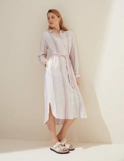 Flash Sale ✔️ M&S Collection 👗 Dresses Linen Rich Striped Belted Midi 👕 Shirt 👗 Dress ✨ -New In Womens Sales 2022 SD 01 T52 6797 K4 X EC 2