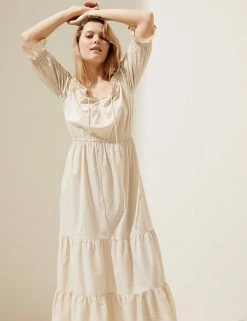 Best reviews of 😀 M&S Collection 👗 Dresses Pure Cotton Bardot Midi Tiered Beach 👗 Dress 🎉 -New In Womens Sales 2022 SD 01 T52 7968 SU X EC 1