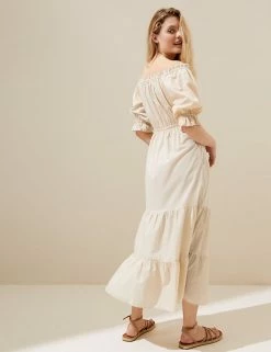 Best reviews of 😀 M&S Collection 👗 Dresses Pure Cotton Bardot Midi Tiered Beach 👗 Dress 🎉 -New In Womens Sales 2022 SD 01 T52 7968 SU X EC 2