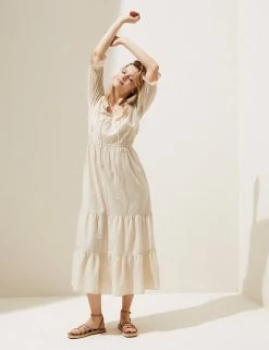Best reviews of 😀 M&S Collection 👗 Dresses Pure Cotton Bardot Midi Tiered Beach 👗 Dress 🎉 -New In Womens Sales 2022 SD 01 T52 7968 SU X EC 4