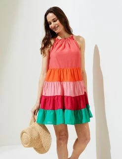 Coupon ⭐ M&S Collection 👗 Dresses Pure Cotton Colour Block Mini Beach 👗 Dress 🎉 -New In Womens Sales 2022 SD 01 T52 8263 J4 X EC 2