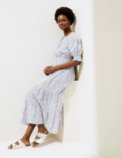 Cheap 🎁 M&S Collection 👗 Dresses Pure Cotton Floral Bardot Midi Beach 👗 Dress ⭐