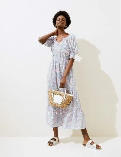 Cheap 🎁 M&S Collection 👗 Dresses Pure Cotton Floral Bardot Midi Beach 👗 Dress ⭐ -New In Womens Sales 2022 SD 01 T52 8274 ZZ X EC 1